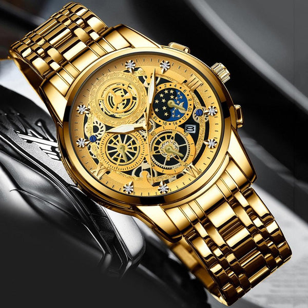 Waterproof Luminous Quartz Watch With Multifunctional Design Full Gold Surface Watches