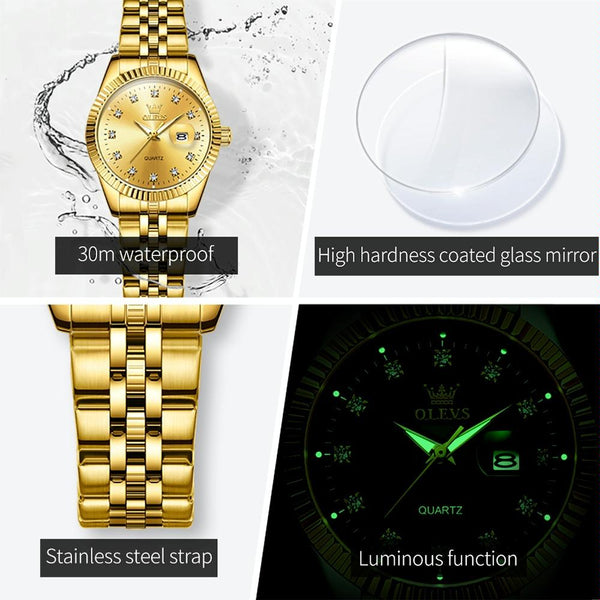Women Luminous Diamond Quartz Watch Waterproof Gold Watches