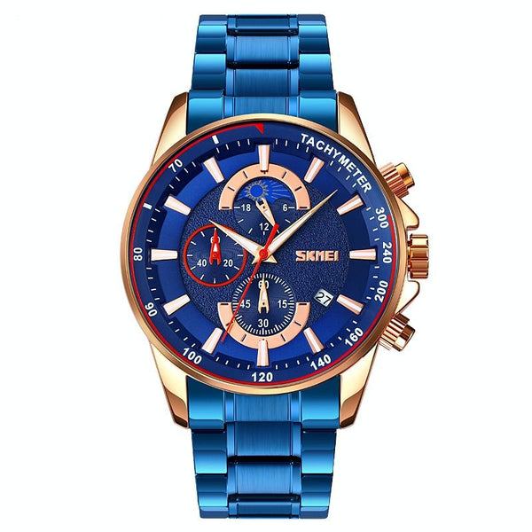 Stainless Steel Men Moonphase Watch With Date Gold Blue Watches