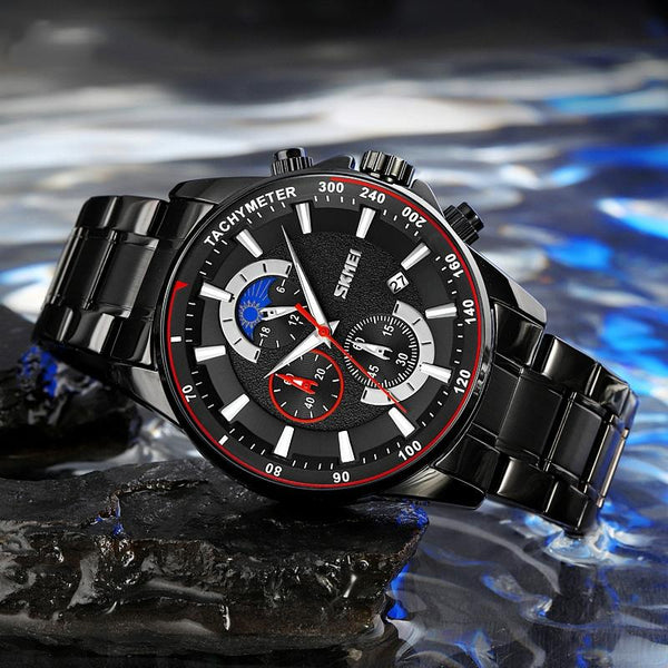 Stainless Steel Men Moonphase Watch With Date Gold Blue Watches
