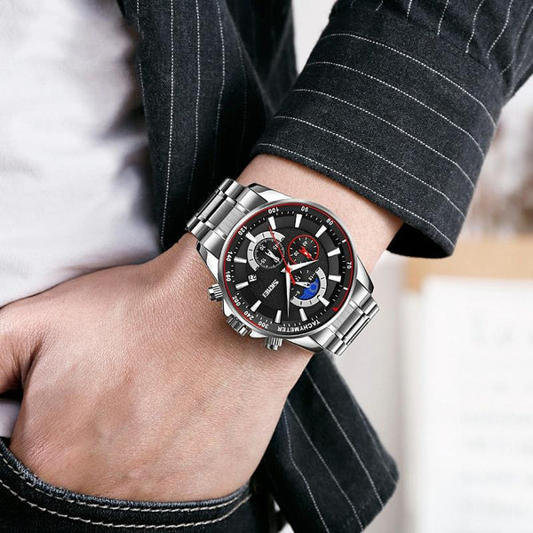 Stainless Steel Men Moonphase Watch With Date Gold Blue Watches