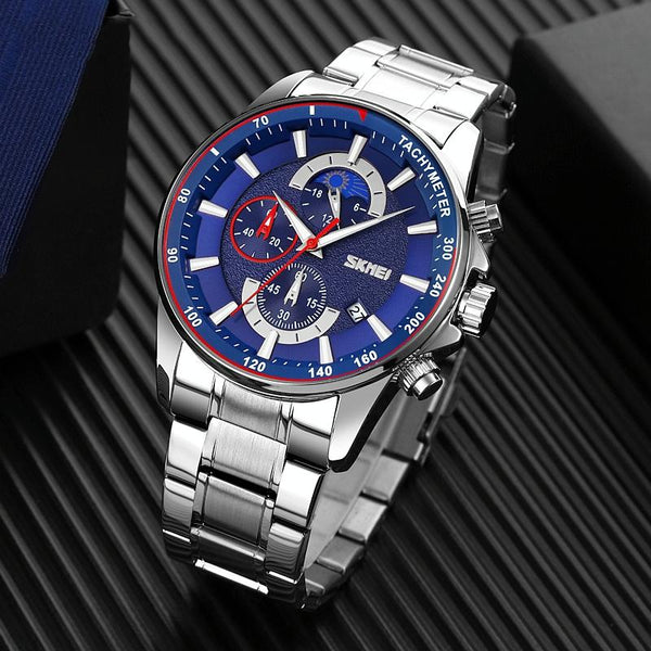 Stainless Steel Men Moonphase Watch With Date Gold Blue Watches