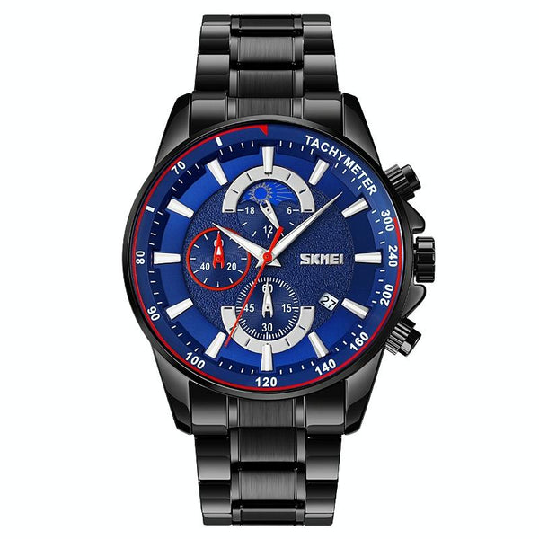 Stainless Steel Men Moonphase Watch With Date Gold Blue Watches