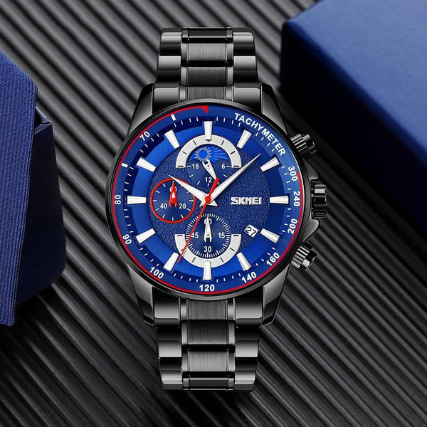 Stainless Steel Men Moonphase Watch With Date Gold Blue Watches
