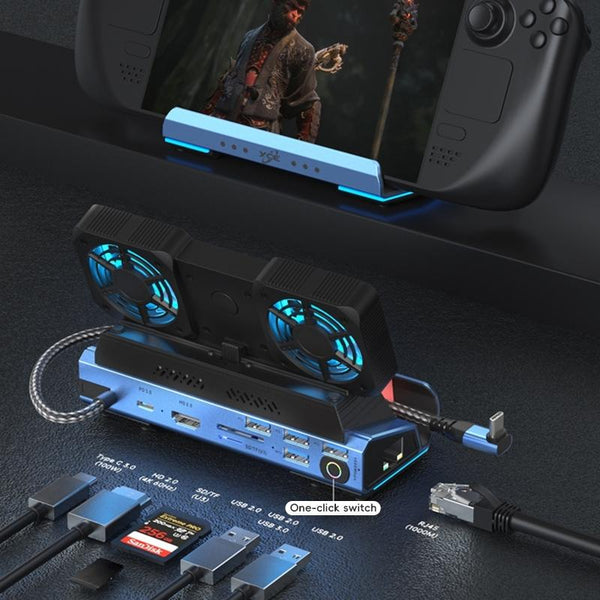 10 In Usb C Gaming Dock With Detachable Fan Blue / Black Chargers & Charging Docks