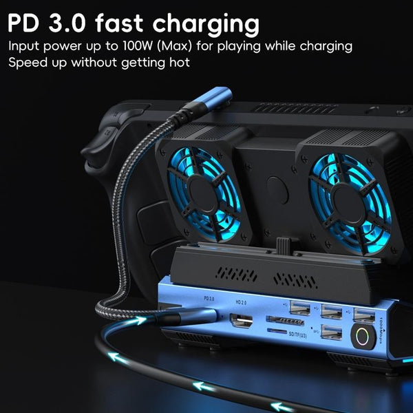 10 In Usb C Gaming Dock With Detachable Fan Blue / Black Chargers & Charging Docks