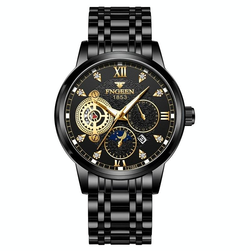 Men Three Eye Hollow Quartz Sports Watch Black Steel Surface Gold Nails Watches