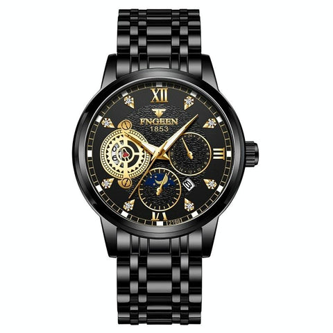 Men Three Eye Hollow Quartz Sports Watch Black Steel Surface Gold Nails Watches