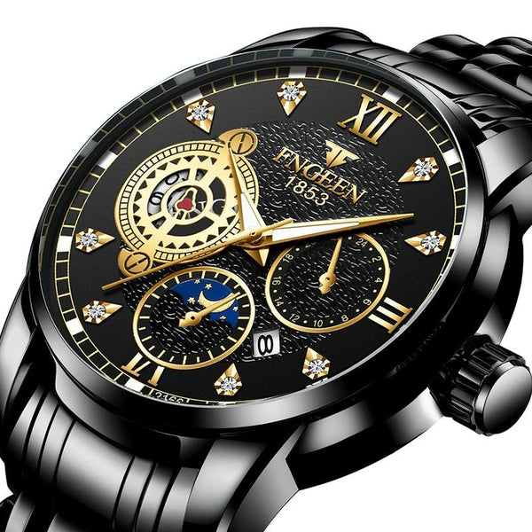 Men Three Eye Hollow Quartz Sports Watch Black Steel Surface Gold Nails Watches
