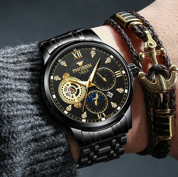 Men Three Eye Hollow Quartz Sports Watch Black Steel Surface Gold Nails Watches