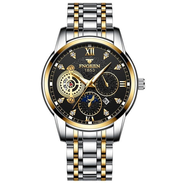 Men Three Eye Hollow Quartz Sports Watch Black Steel Surface Gold Nails Watches