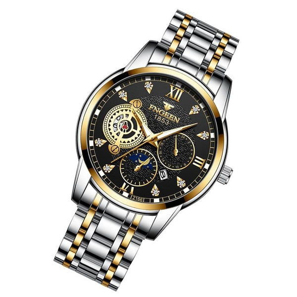 Men Three Eye Hollow Quartz Sports Watch Black Steel Surface Gold Nails Watches