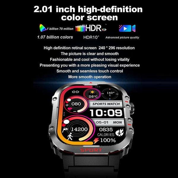 2.01 Inch Screen Silicone Strap 10M Waterproof Smart Watch Support Flashlight / Bluetooth Call Hrv Black Smart Watches