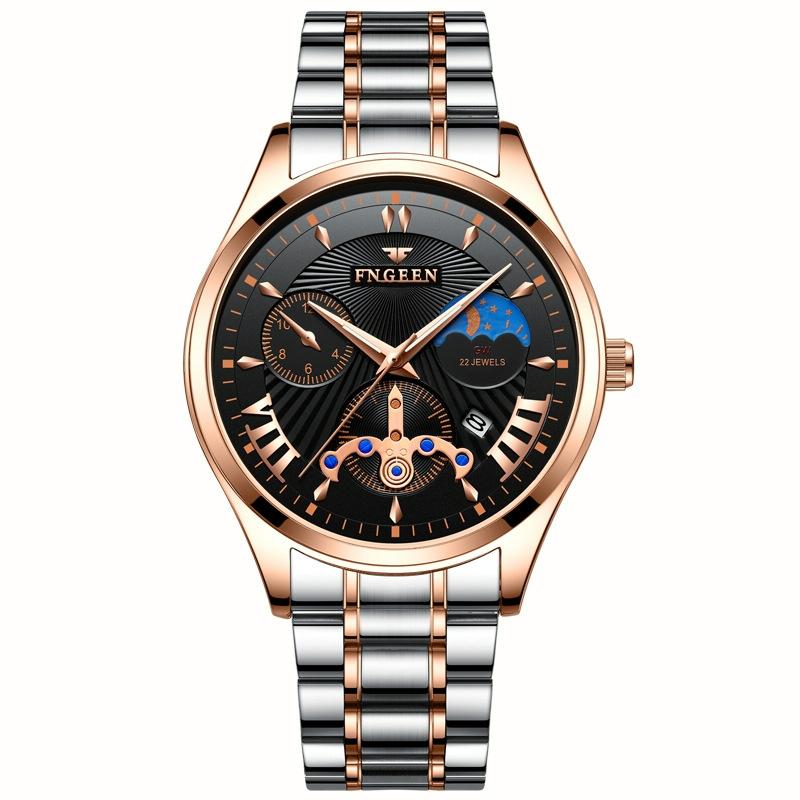 Men Luminous Casual Quartz Watch 5606 Between Rose Gold Shell Black Surface Watches