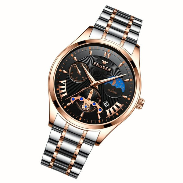 Men Luminous Casual Quartz Watch 5606 Between Rose Gold Shell Black Surface Watches