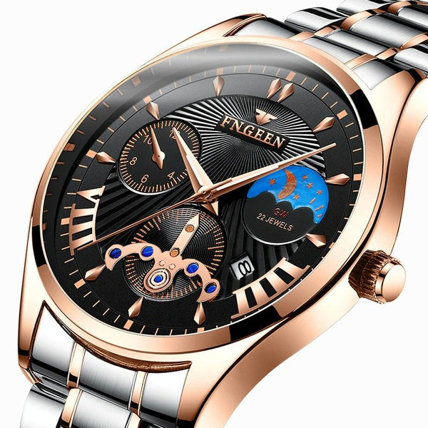 Men Luminous Casual Quartz Watch 5606 Between Rose Gold Shell Black Surface Watches