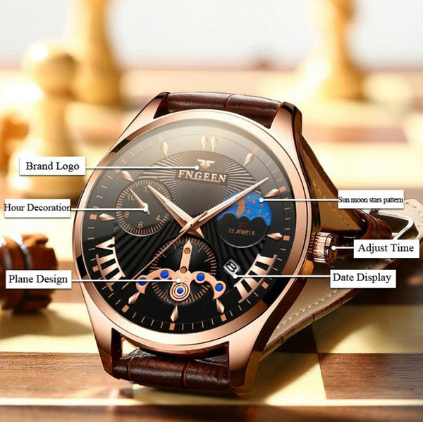 Men Luminous Casual Quartz Watch 5606 Between Rose Gold Shell Black Surface Watches