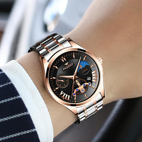 Men Luminous Casual Quartz Watch 5606 Between Rose Gold Shell Black Surface Watches