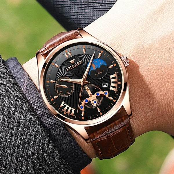 Men Luminous Casual Quartz Watch 5606 Between Rose Gold Shell Black Surface Watches