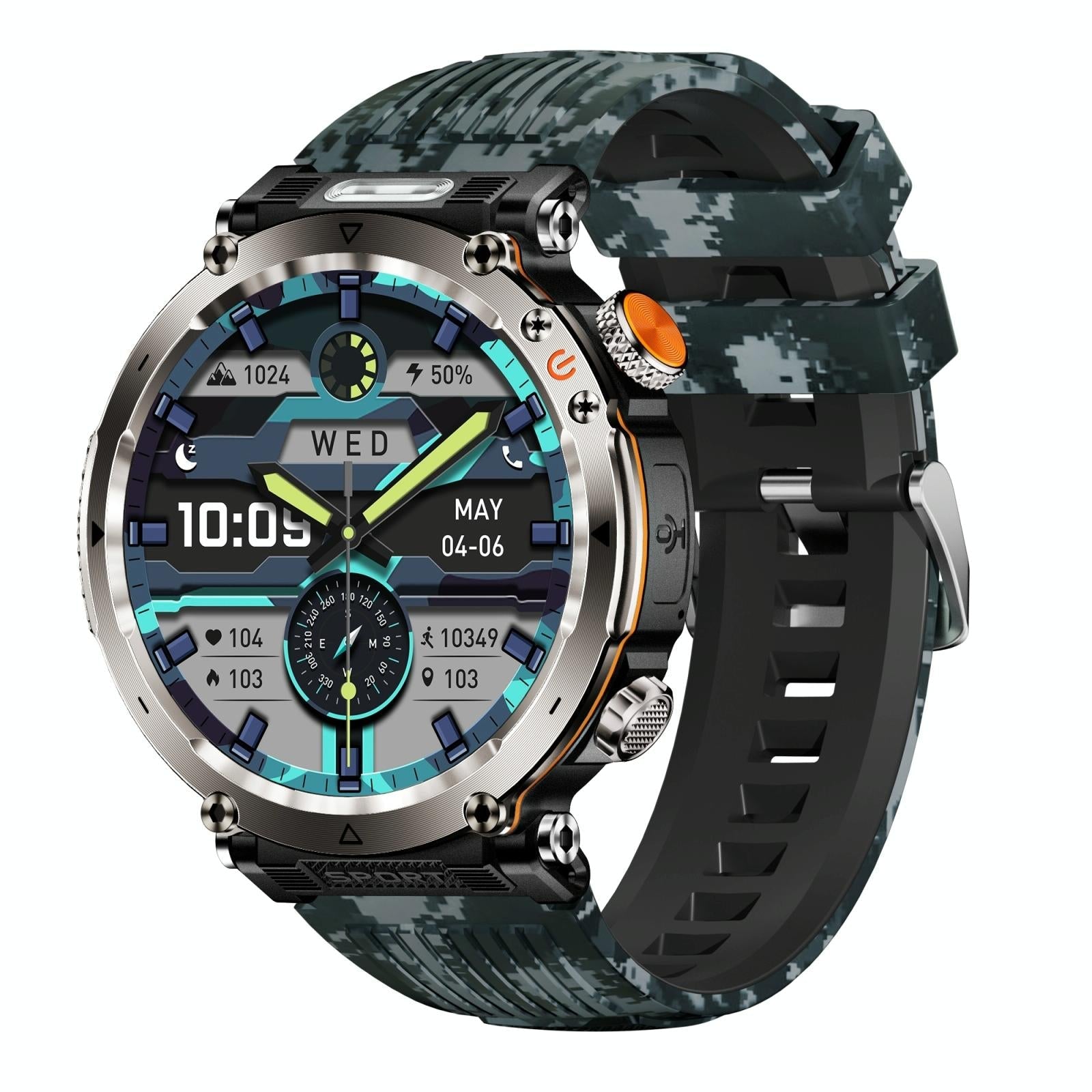 Waterproof Smart Watch With Flashlight Banknote Detector And Compass Camo Blue Smart Watches