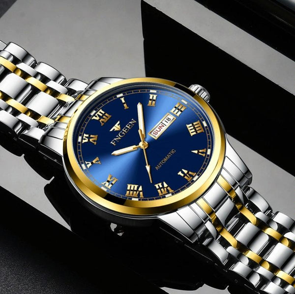 Men Luminous Quartz Watch With Roman Numeral Dial Sporty Style Between Gold Blue Surface Watches