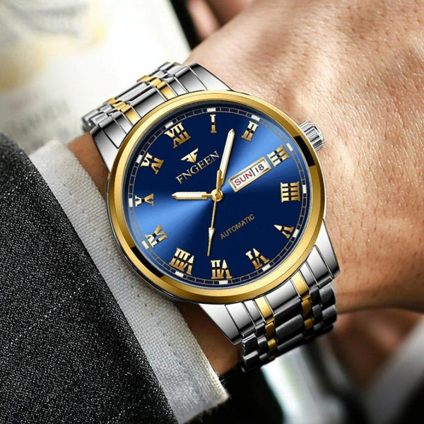Men Luminous Quartz Watch With Roman Numeral Dial Sporty Style Between Gold Blue Surface Watches