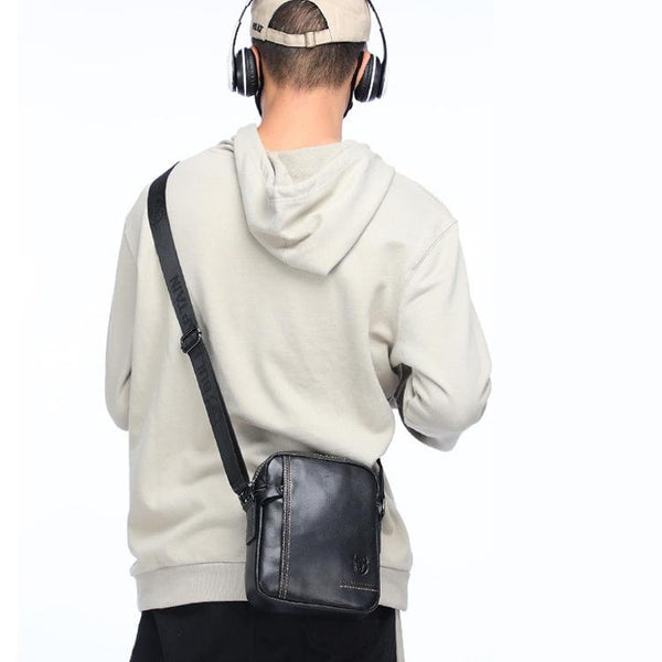 Men Leather Shoulder Bag Casual Mini Diagonal Black Bags