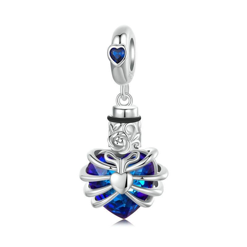 925 Sterling Silver Heart Pendant With Beaded Detail Blue Charms & Pendants