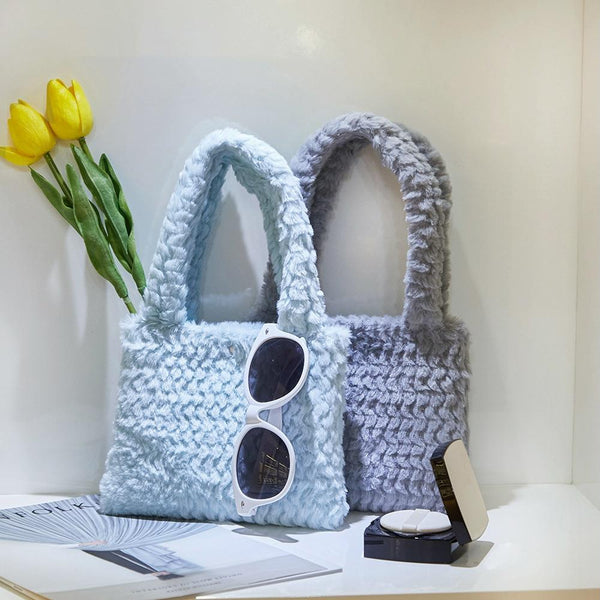 Small Plaid Handbag In Plush Material Light Grey Women's Bags & Handbags