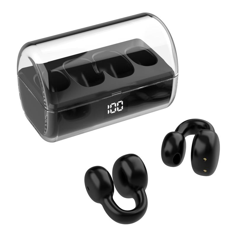 Ear Clip Type Sound Conduction Concept Bluetooth Earphone Digital Display Charging Case Black Earbuds