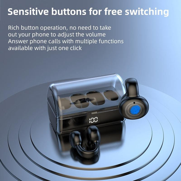 Ear Clip Type Sound Conduction Concept Bluetooth Earphone Digital Display Charging Case Black Earbuds