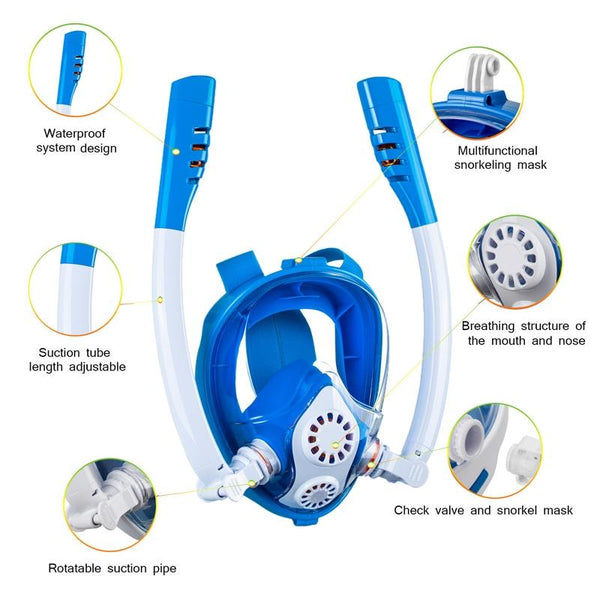 Full Dry Silicone Kids Diving Mask With Double Tubes White Blue Masks