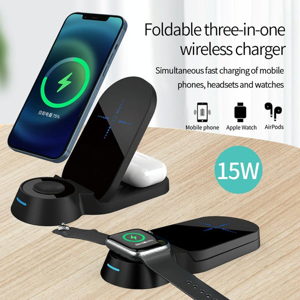 3 In 1 Foldable Wireless Charger For Smart Devices Black Chargers & Cradles