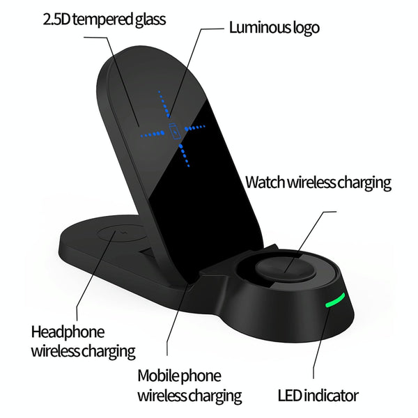 3 In 1 Foldable Wireless Charger For Smart Devices Black Chargers & Cradles
