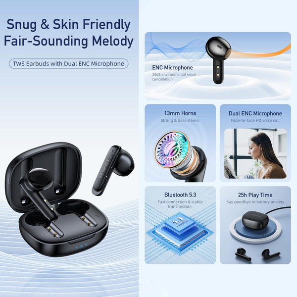 Wireless Noise Cancelling T66 Black Earbuds