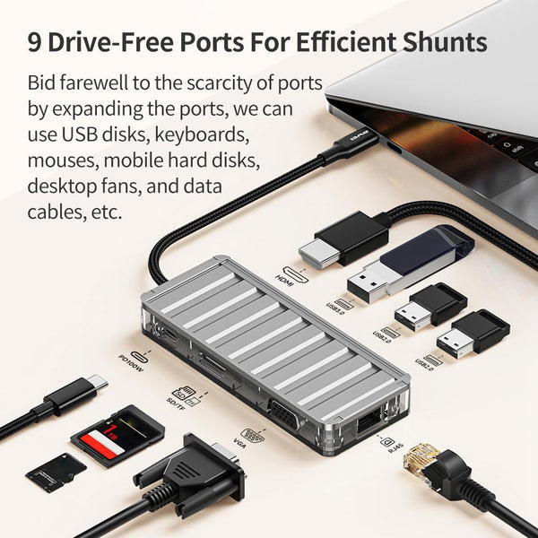 9 In 1 Multi Function Type C Hub Adapter Grey Usb Cables Hubs & Adapters