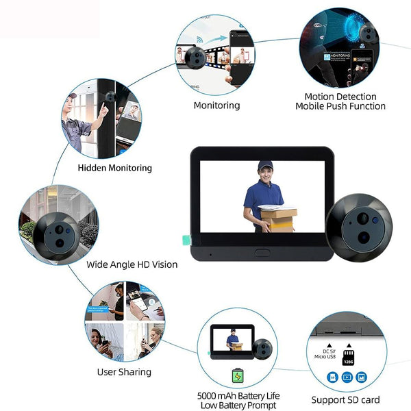 1080P Wifi Smart Cat Eye Video Doorbell 4.3 Colour Screen Hidden Black Smart Doorbells