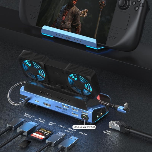 9 In 1 Usb C Gaming Dock With Detachable Fan Blue / Black Chargers & Charging Docks