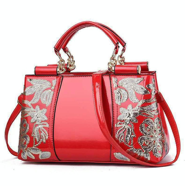 Shiny Leather Handbag With Single Sided Embroidery Red Women's Bags & Handbags