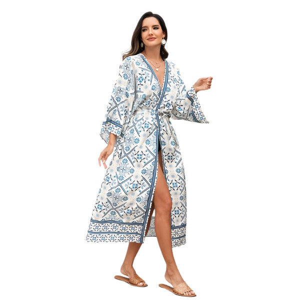 Ladies Beach Vacation Printed Shawl Bikini Sun Protection Cardigan Blouse Blue Jumpers & Cardigans