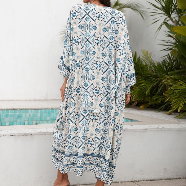 Ladies Beach Vacation Printed Shawl Bikini Sun Protection Cardigan Blouse Blue Jumpers & Cardigans