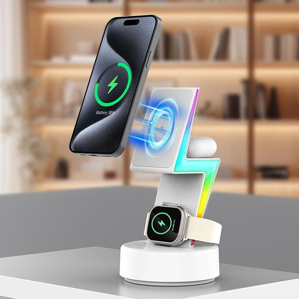3 In 1 Rgb Light Magnetic Phone Holder With Wireless Charging White Chargers & Cradles