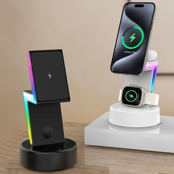 3 In 1 Rgb Light Magnetic Phone Holder With Wireless Charging White Chargers & Cradles