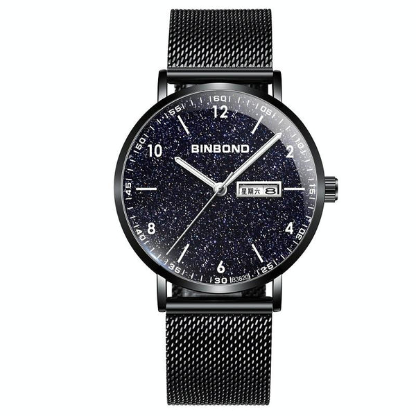 Starry Sky Pattern Quartz Watch For Men Simple & Luminous Black Mash Shell White Nails Watches