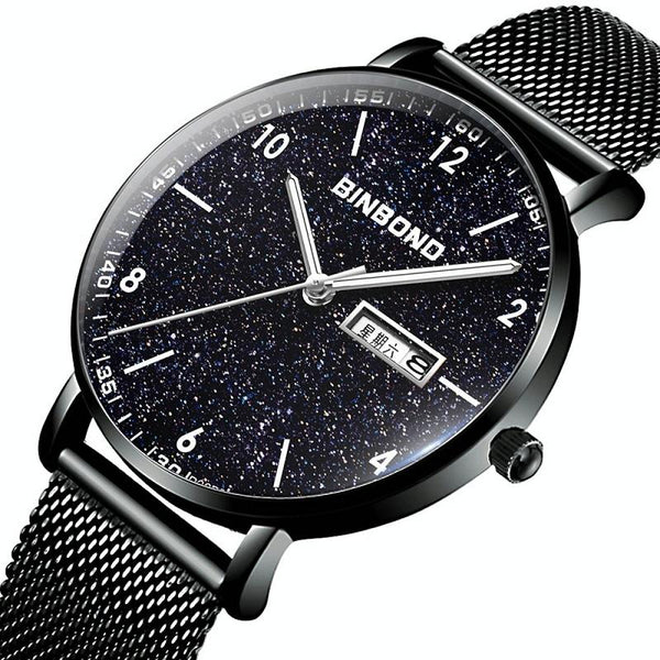 Starry Sky Pattern Quartz Watch For Men Simple & Luminous Black Mash Shell White Nails Watches