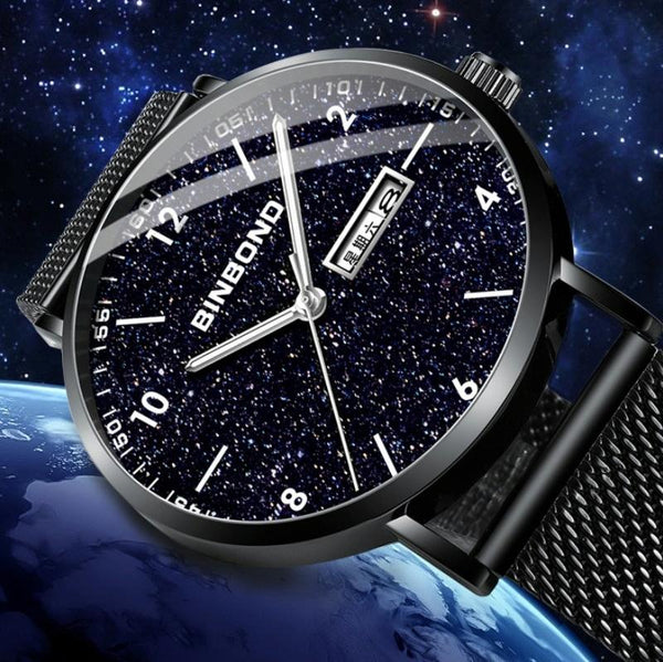 Starry Sky Pattern Quartz Watch For Men Simple & Luminous Black Mash Shell White Nails Watches