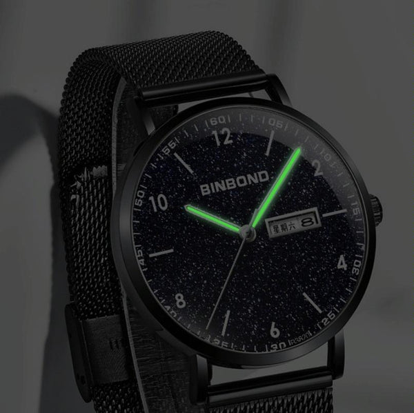 Starry Sky Pattern Quartz Watch For Men Simple & Luminous Black Mash Shell White Nails Watches