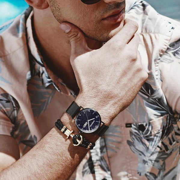 Starry Sky Pattern Quartz Watch For Men Simple & Luminous Black Mash Shell White Nails Watches