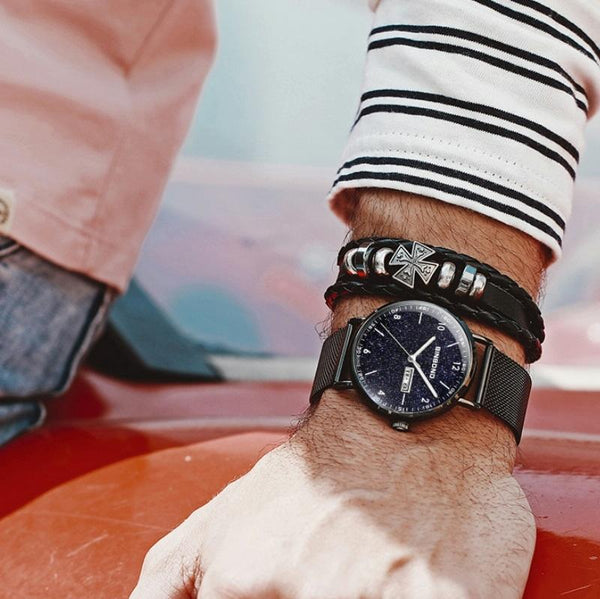 Starry Sky Pattern Quartz Watch For Men Simple & Luminous Black Mash Shell White Nails Watches