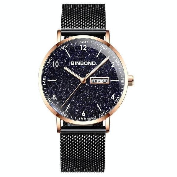 Starry Sky Pattern Quartz Watch For Men Simple & Luminous Black Mash Shell White Nails Watches